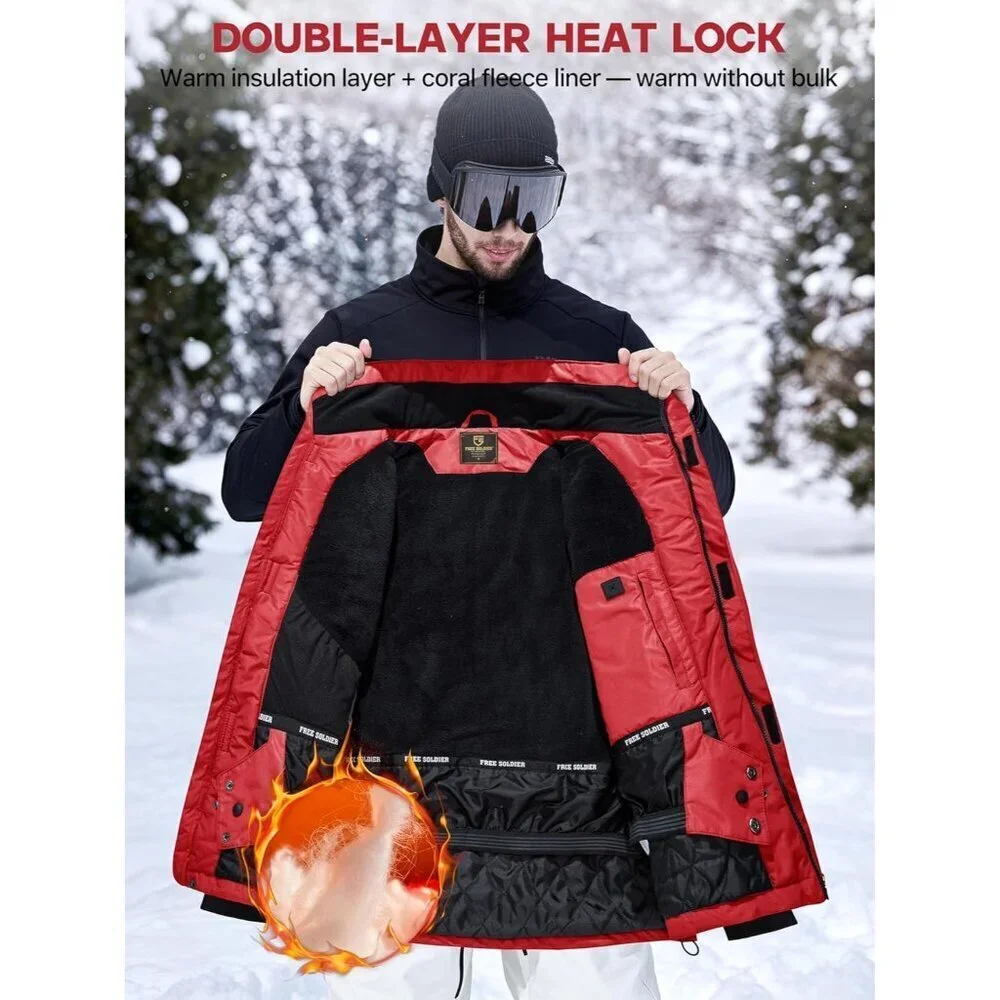 Men's Red Black Waterproof Ski Snow Fleece Lined Warm Winter Rain Jacket